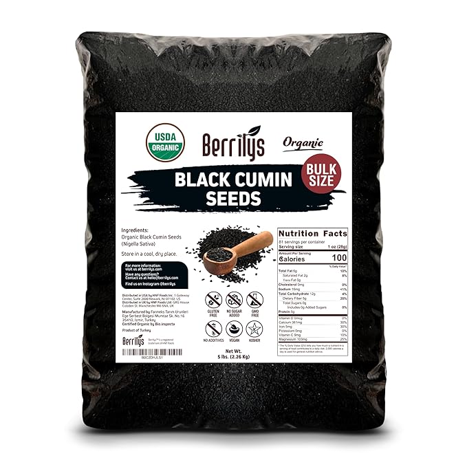 Black Cumin Seeds, Organic, Berrilys, 5 LB, Also Known As Nigella Sativa, Kalonji, Black Seed, Great for Baking, Cooking and Bread Making, Vegan, Keto Diet