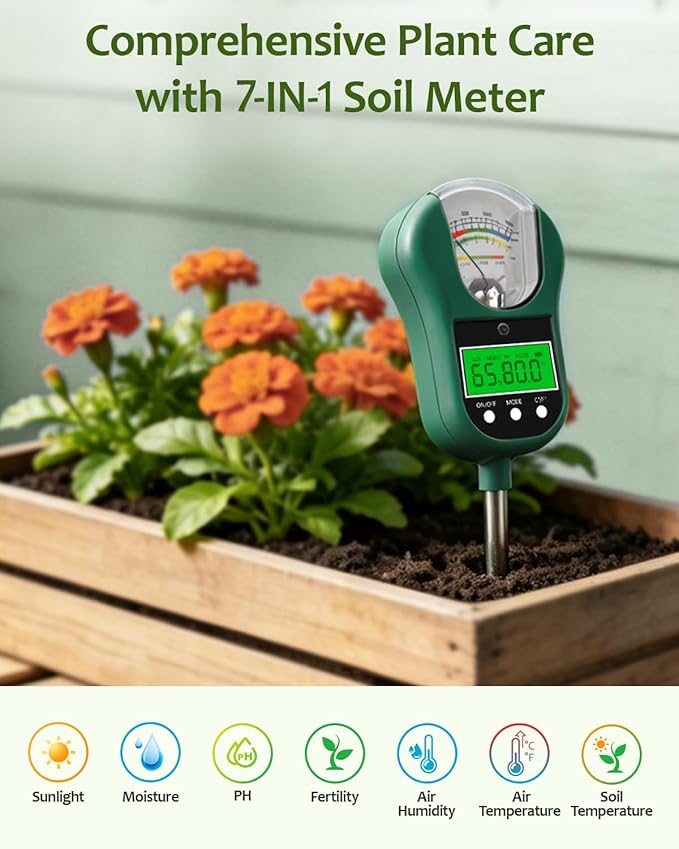 7-in-1 Soil Test Kit, Soil Moisture Meter/pH Meter/Light Intensity/Fertility/Air & Soil Hygrometer Temperature with Large Dual Display for Garden,Lawn, Farm, Indoor Outdoor Plants-DarkGreen