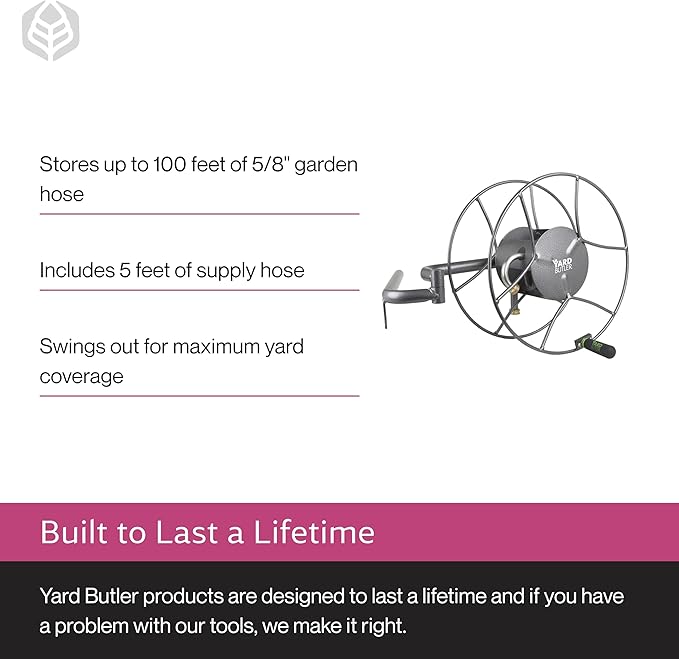 Yard Butler Wall Mounted Swivel Hose Reel, 180°, 100ft - Leakproof Hose Storage Solution - Durable Powder Coated Steel Construction - Rust Resistant Outdoor Watering Accessory - Tangle-Free Operation