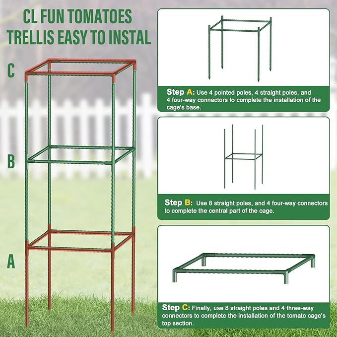 3 Pack Tomato Cages with Clips & Garden Wire, Outdoor Heavy Duty Square Tomato Plant Support Trellis for Climbing Vegetables, Flowers, Fruits, Garden (41.5 Inch)
