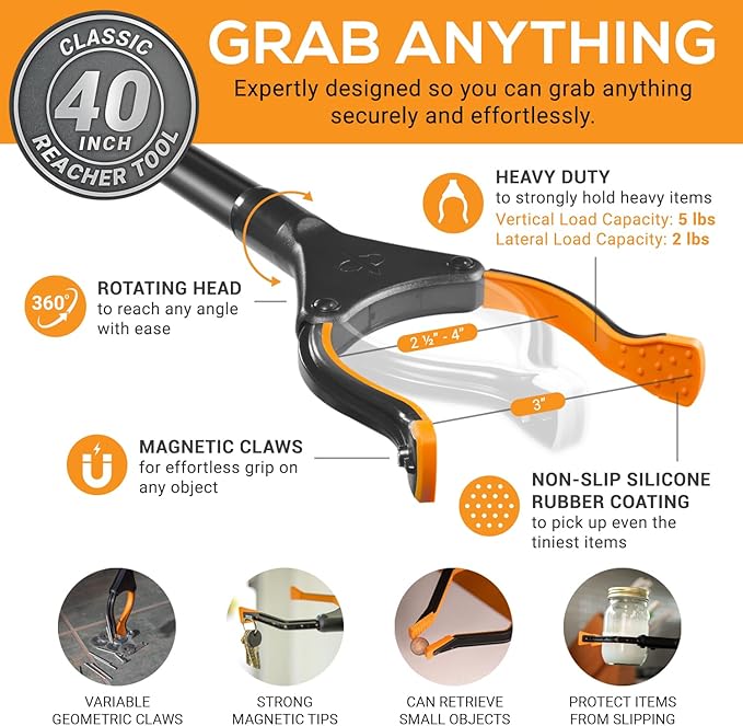 EZPIK Classic 40” Folding Grabber Reacher Tool with Dual Magnets, Heavy Duty Trash Picker Upper Grabber for Seniors & Disabled Users, Aluminum Pickup Tool for Everyday Reaching Aids (Black)