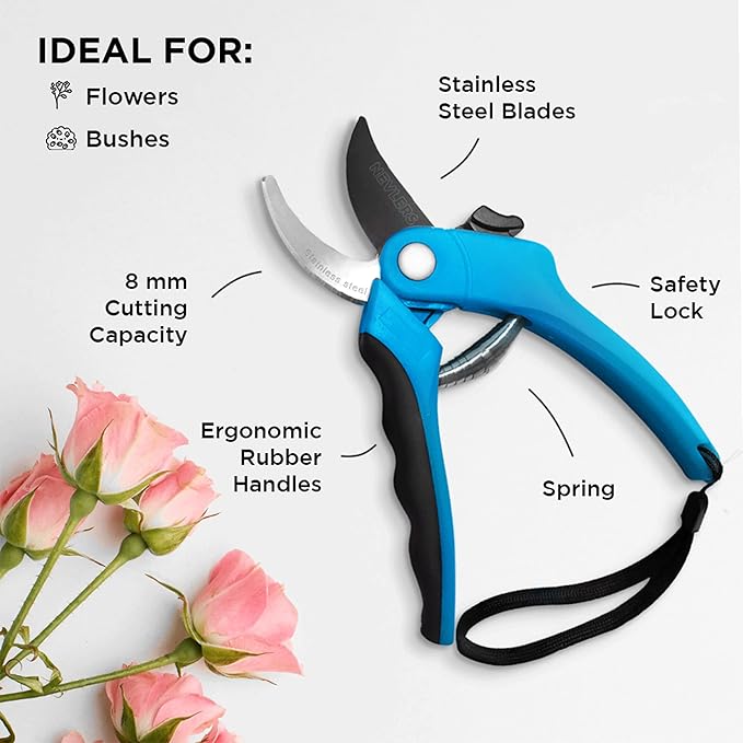 Nevlers 8" Blue Bypass Pruning Shears Heavy Duty | Ergonomic Plant Shears & Floral Scissors w/Steel Blades & Safe Lock | 8mm Cut Garden Clippers Handheld Pruning Scissors for Flower Stems & Branches