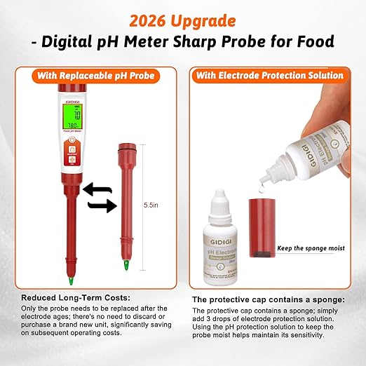 pH Meter for Food Fermentation, Digital pH Temp. Tester for Sourdough Bread Acidity Tester 5.5in pH Probe pH Tester for Cheese Hot Sauce Kombucha Wine Meat Saliva Cosmetic, 1 Replaceable Probe