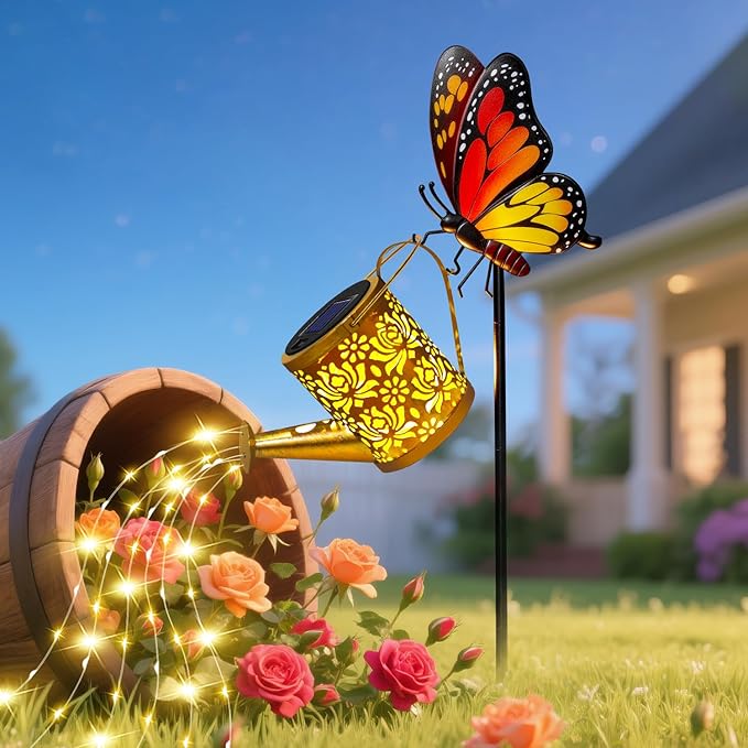 Solar Lights Outdoor Decorative, Watering Can with Cascading LED Lights on Butterfly Shepherd's Hook, Solar Garden Stake Decor for Yard, Mothers Day Gift for Women Mom