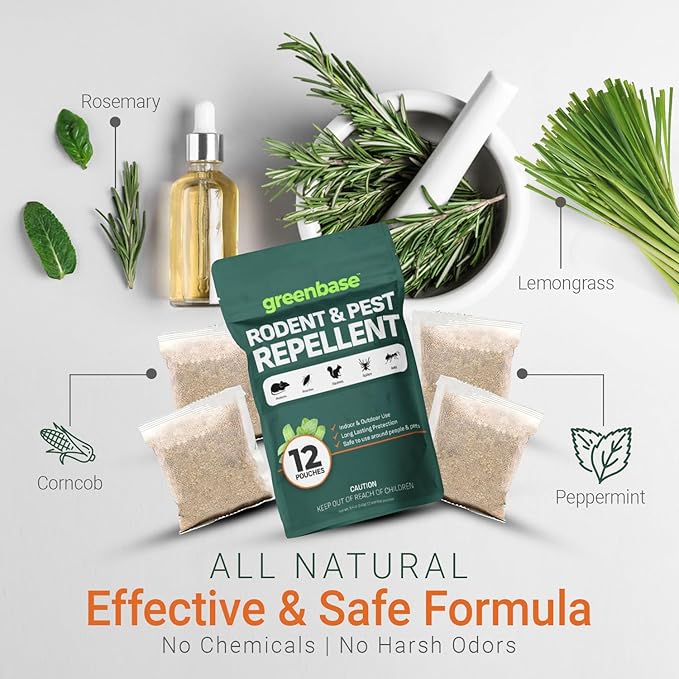 12 Pack Natural Rodent Repellent Pouches – Peppermint, Rosemary & Lemongrass Mouse & Rat Repellent for Home, Garage, Car, RV, Basement & Attic – Long Lasting Pest Control Safe for People & Pets