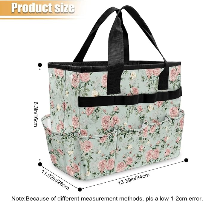 Rose Print Garden Tool Bag Portable Gardening Tool Organizer Bag with 10 Pockets and Handle Tool Carrier and Storage for Garden Lawn Yard Casual Camp