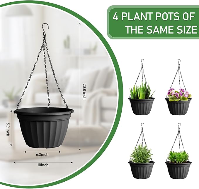 FGstyle Hanging Planters 10 Inch, 4 Pcs Self Watering Pots for Indoor Plants,Plastic Hanging Basket with Soil Elevator and 20" Chain for Home Garden Porch Balcony Patio Decor(Black)