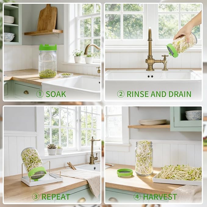 Seed Sprouting Jar Kit with Mung Beans 2.9oz, 2 Large Wide Mouth Mason Jars with Sprouting Lids, Blackout Sleeves, Drain Tray, Sprouts Growing Kit for Growing Bean, Alfalfa, Radish Sprout Seeds