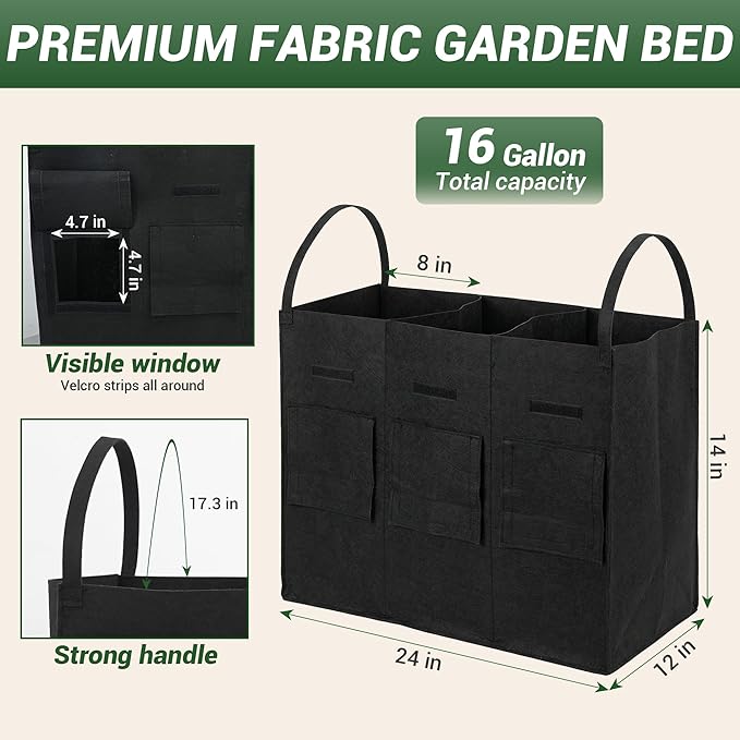 16 Gallon 2 Pack Potato Grow Bags with Harvest Window & Handles, 3-Compartment Nonwoven Fabric Planters Grow Bags for Potatoes, Potato Planter for Growing Tomato, Vegetables, Flower