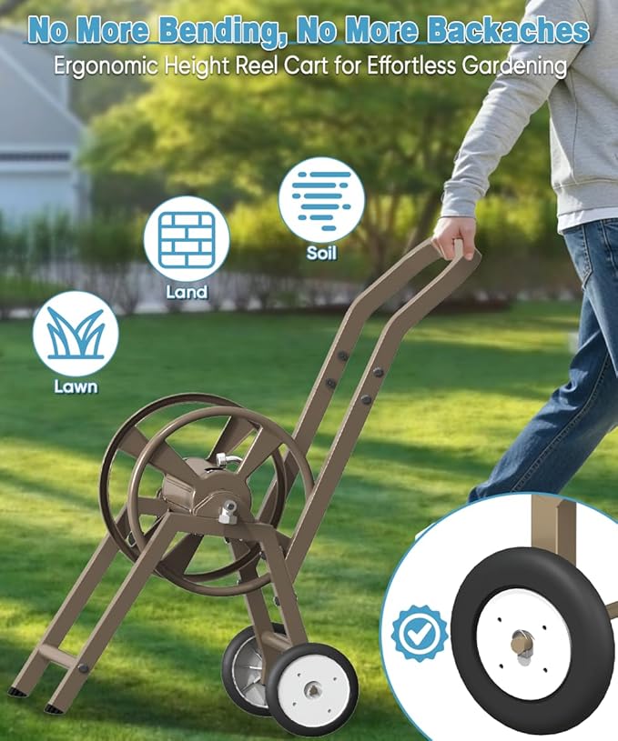 Garden Hose Reel Cart with Wheels, Holds 165 ft of 5/8’’ Hose Outdoor Heavy Duty Powder-coated Steel Water Storage Winder Holder with 3.9 Ft Leader Hose for Outside Lawn Yard, Brown