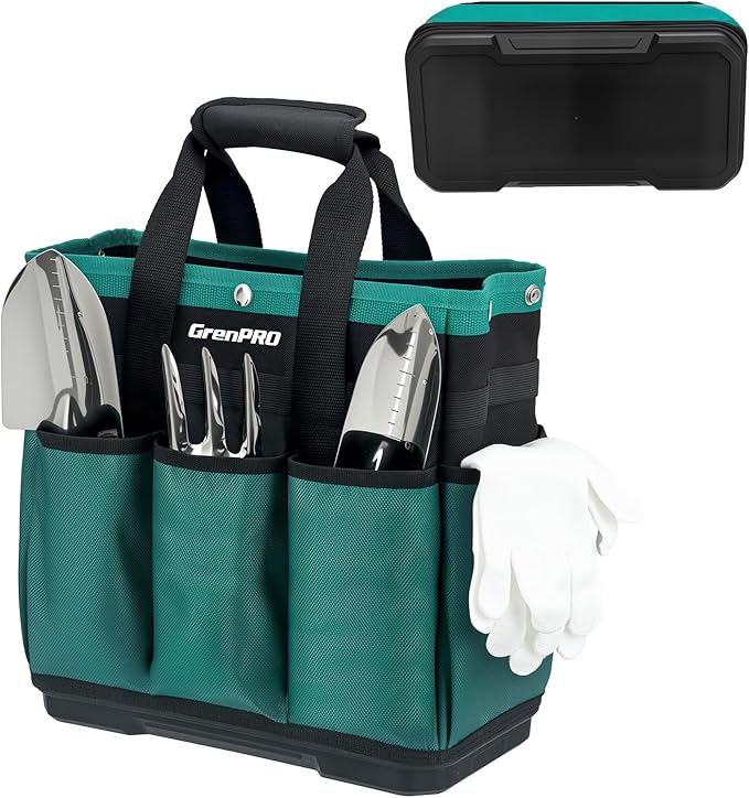 Garden Tool Bag Molded Bottom, Heavy Duty Tool Tote Toolbox with 10 Pockets, Reinforced & Top Snap Closure for Gardening Tools Storage, Dark Green(Tools Not Included)
