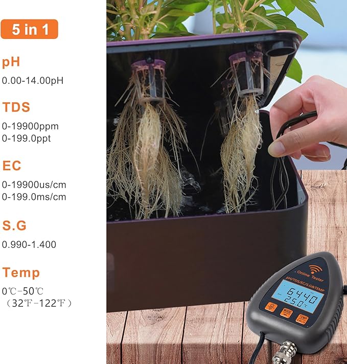 Soil PH Tester, Smart PH Meter TDS EC S.G Temp Water Quality Tester Online Aquarium Pool Hydroponics Data Logger Monitor, Garden, Plant Cultivation