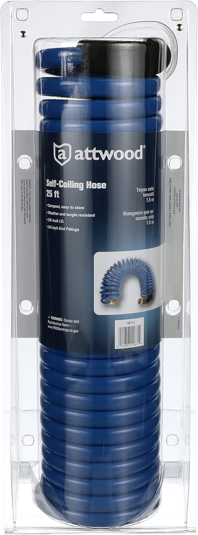 Attwood 11871-7 Spiral Watering Hose — Weatherproof, Kink-Free, 25 Feet Long, ¾-in. End Fittings, 3/8-In. Interior Diameter, Blue