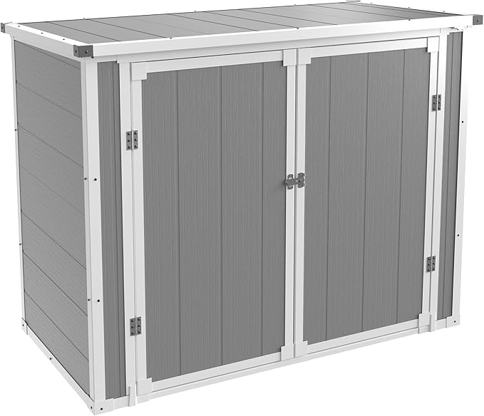 Storage Shed Outdoor Plastic Garden Shed Tool Resin Shed with Floor Waterproof Horizontal Storage Deck Box Outside Storage Container with Lockable Door for Patio（Light Grey）