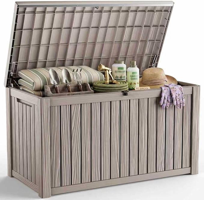 PatioZen 200 Gallon Deck Box,Resin Outdoor Storage Box with Lockable for Patio Furniture, Garden Tools Waterproof Outside Storage Box, Grey