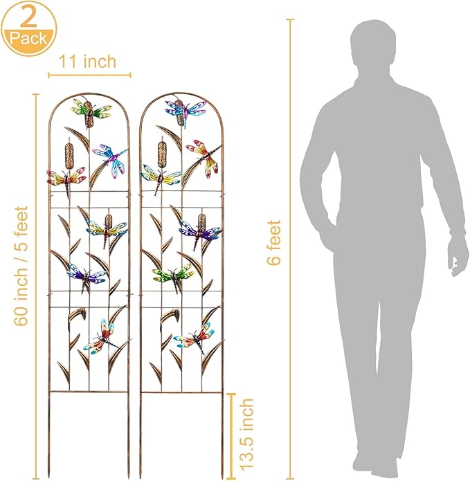2 Pack Metal Garden Trellis with Colorful Dragonfly 60 Inch High Outdoor Decoration Arched Fence Trellis for Climbing Plants for Patio, Lawn, Yard, Backyard, Wall Brackets