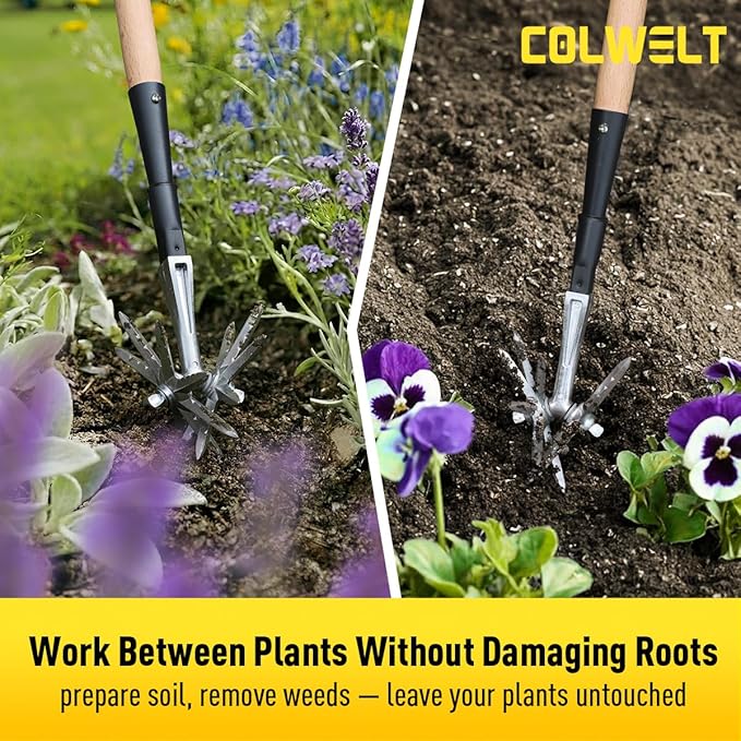 Colwelt Manual Rotary Cultivator, Single-Tine Aluminum Cultivators for Gardening, Garden Hand Tiller Manual with Ergo Wooden t-Handle, Hand Held Cultivator Tool For Flower Beds Cultivate, Aerate, Weed
