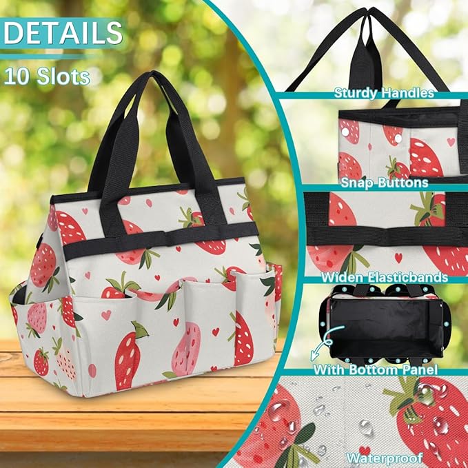 Strawberries Gardening Tool Bag,Heavy Duty Garden Tote Bag,Portable Oxford Gardening Storage Basket Organizer Handbag with Pockets Handle,Hand Tools Gifts for Outdoor Garden Lawn Yard