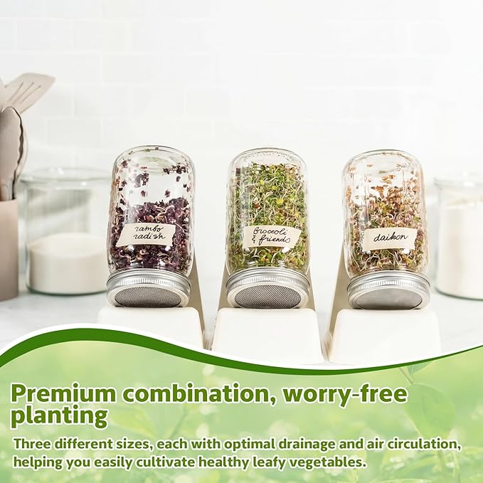 Sprouting Growing Lids for Wide Mouth Mason Jars,Sprouting Lids with 3 different orifice sizes,Alfalfa & Mung Bean Sprouts Grow Kit,L,M,S Strainer mesh(9 Pcs,Silver,Stainless Steel)