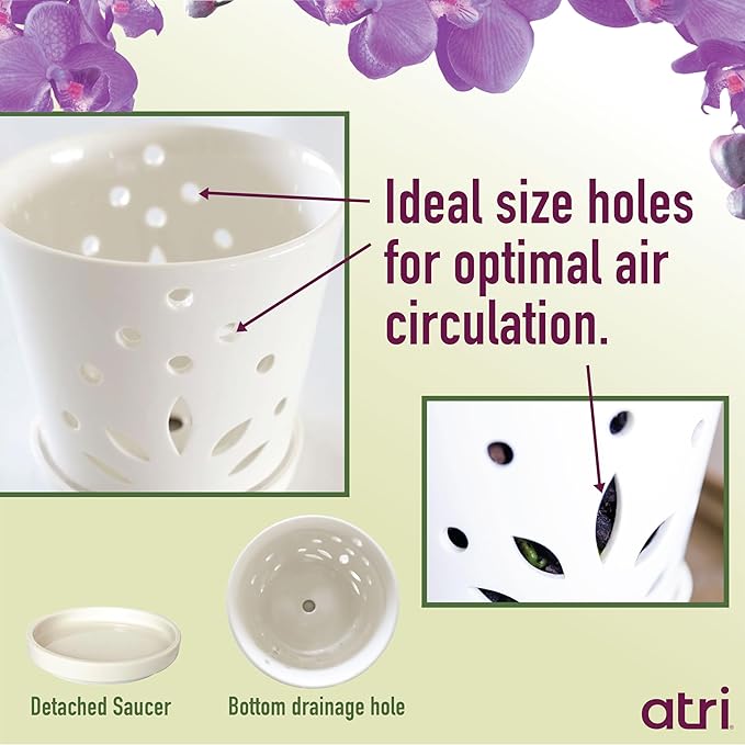 Atri Ceramic Orchid Pots with Holes–5.25in Modern Porcelain Indoor Orchid Planter–Drainage Hole–Small Orchid Pot for Repotting–White Orchid Pot with Holes