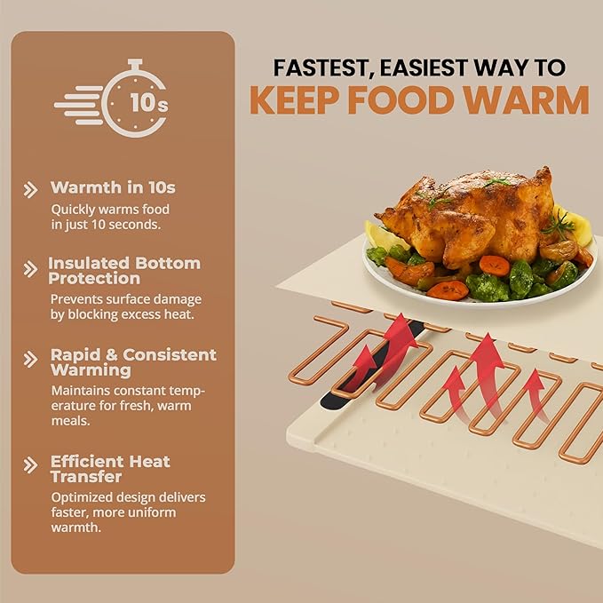 26"x15" Beige Electric Food Warming Silicone Mat - 10 sec Fast & Even Heating Tray with upto 10 Hrs Timer, 50-100°C Adjustable Temp, Child Lock & Safety Edge - Portable Warmer Pad for Kitchen & Buffet