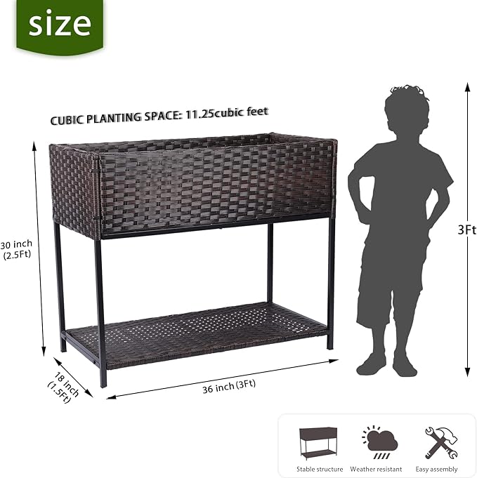 Raised Garden Bed - Rattan Raised Bed Wicker Elevated Raised Garden Bed with Underneath Tool Storage Rack Outdoor Raised Planter Box