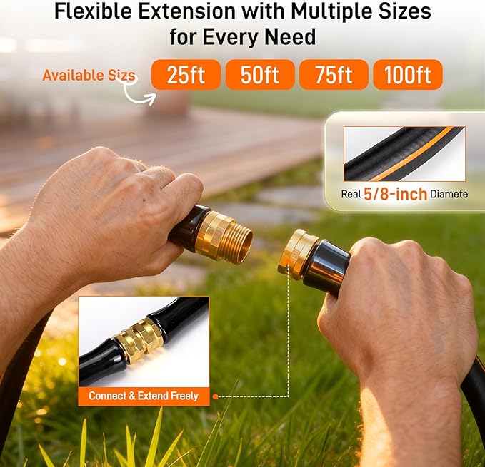 Garden Hose, 75ft 5/8" Heavy Duty Rubber Water Hose, 550 PSI Burst, 360° Anti-Kink Swivel Connectors, All-Weather Flexible, Leakproof 3/4" Brass Male to Female Fittings