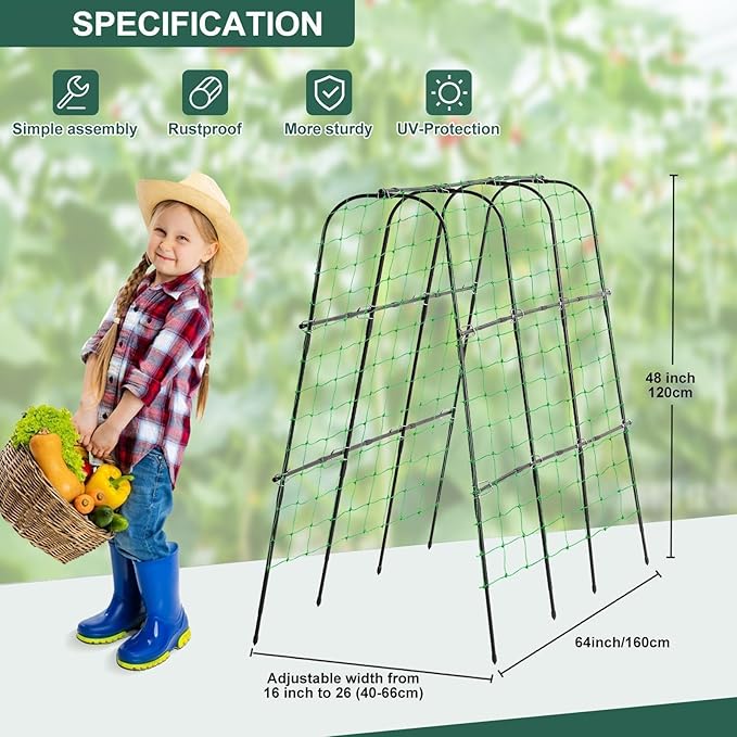 FOLLOOK Garden Cucumber Trellis for Climbing Plants Outdoor, 65 x 48 inch U-Shaped Garden Arch Trellis, Pea Tomato Cucumber for Raised Bed, 120x160-BLK