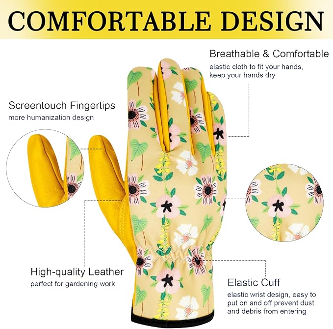 Gardening Gloves for Women Thorn Proof Tough Leather Garden Gloves Yard Work Gloves for Weeding Digging Planting