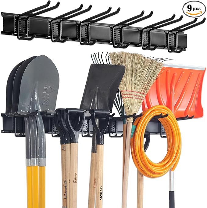 Garage Tool Organizer Wall Mount - Heavy Duty 48" Storage Rack with 6 Adjustable Hooks, Holds 350lbs, Garden Tool Hanger for Shed Organization