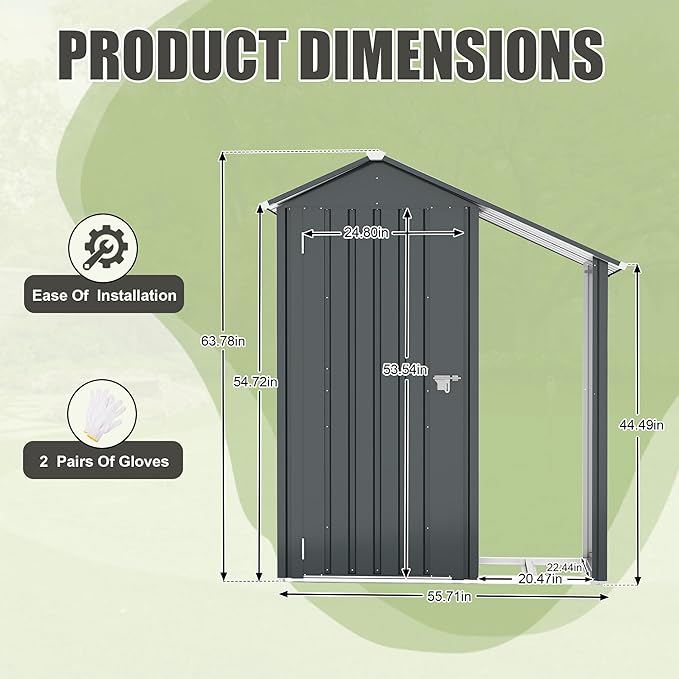 Waterproof 5'x2' Storage Shed with Open Firewood Rack, Heavy Duty 2-in-1 Lean-to Tool Storage Garden Cabinet with Internal Organizer Shelf, Lockable Door for Patio, Backyard, Lawn, Metal