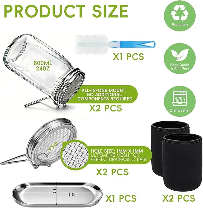 2Pack Sprouting Kit with Stainless Steel Screen Sprouting Lids, Glass Mason Jars, Light-Blocking Sleeves and Brush, Premium Reusable Sprouts Growing Kit for Organic Broccoli Alfalfa Seeds Bean Sprouts