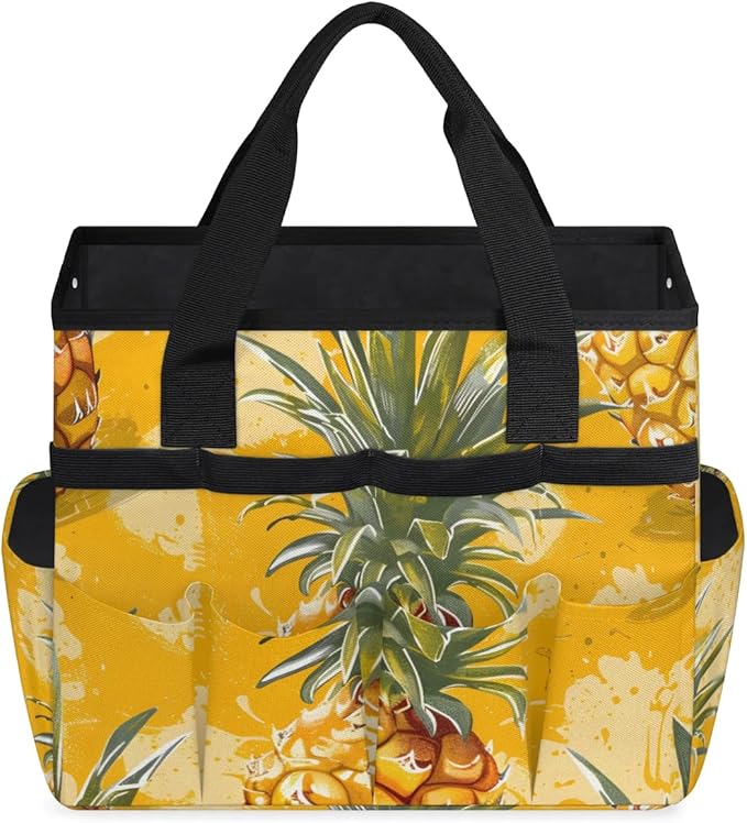 Garden Tool Bag Organizer Garden Tote Bag with Pockets Doodle Pineapple Tool Storage Organizer Gardening Tool Kit Holder 13" x 6.8" x 2.8"