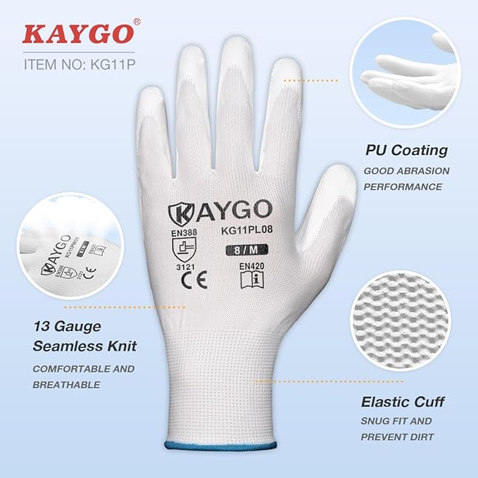 KAYGO Work Gloves for Men and Women, 60 Pairs Seamless Knit PU Coated Safety Gloves, with Smooth Grip on Palm and Fingers, Ideal for Light Warehouse, Manufacturing, Gardening, KG11P (L, White)