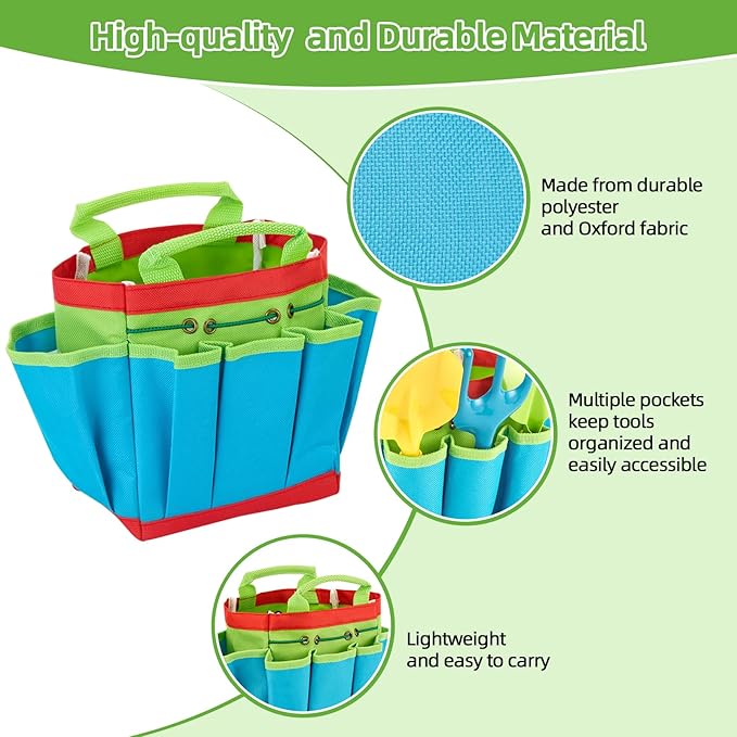 FITNATE Green Kids Garden Tools Set,6 PCS Gardening Tools for Kids Including Watering Can, Shovel, Rake, Fork, Children Gardening Gloves and Garden Tote Bag, All in One Set