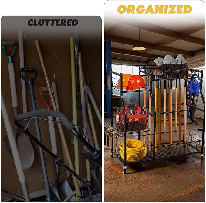 Garden Tool Organizer Rolling Cart Large Capacity Rust-Resistant Metal Tool Cart with Wheels Hooks Garage Shed Yard Outdoor Storage Rack Suitable for Long-Handled Tools/Rakes/Shovels