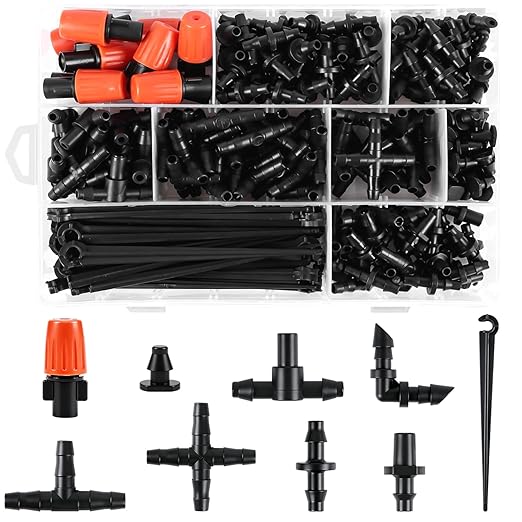 250 Pcs 1/4 Inch Drip Irrigation Fittings Kit, Complete Barbed Connectors Set for 1/4" Tubing - Includes Nozzles, Nozzle Tees, Single Barbs, Couplings, Tees, Elbows, Plugs, Crosses, Stakes