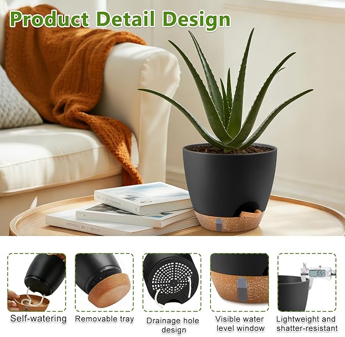 QRRICA Plant Pots 10/9/8/7.5/7 Inch Self Watering Pots, with Drainage Holes and Saucers,Water Level Indicator & Deep Reservoir,Large Plastic Planter for Indoor Out Door Plants (Black)