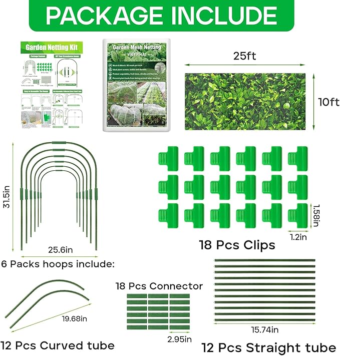 Garden Mesh Netting Kit, 10 * 25FT Ultra Fine Plant Netting Mesh Covers，Row Cover Net Protection for Tree Fruit Barrier Vegetable Fruits Flowers Shrubs Plant Covers Net