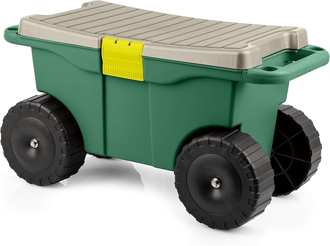 Rolling Garden Cart with Seat - Plastic Storage with Bench and Interior Tool Tray - Gardening Stool for Weeding and Planting By Pure Garden (Green)
