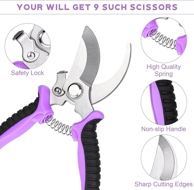 Lothee 9 Pcs Garden Shears Pruning Garden Clippers Bulk Bypass Pruner Heavy Duty for Gardening Hedge Plant Cutting Flower Scissors for Tree Trimming Bonsai Cutting Fruits Picking(Purple)