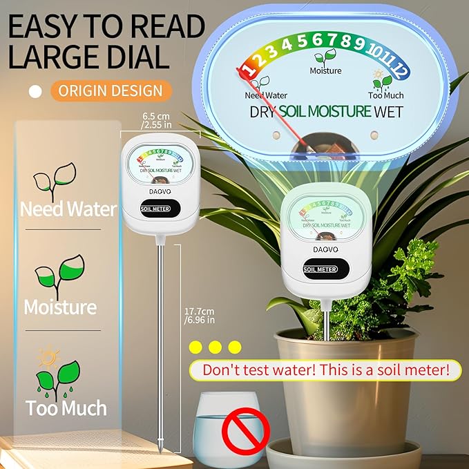 Soil Moisture Meter, Moisture Meter for Plants with Large Screen, Soil Hygrometer & Soil Test Kit with Light, Essential Garden Tools for Indoor Outdoor House Plants, Garden, Lawn Care-White
