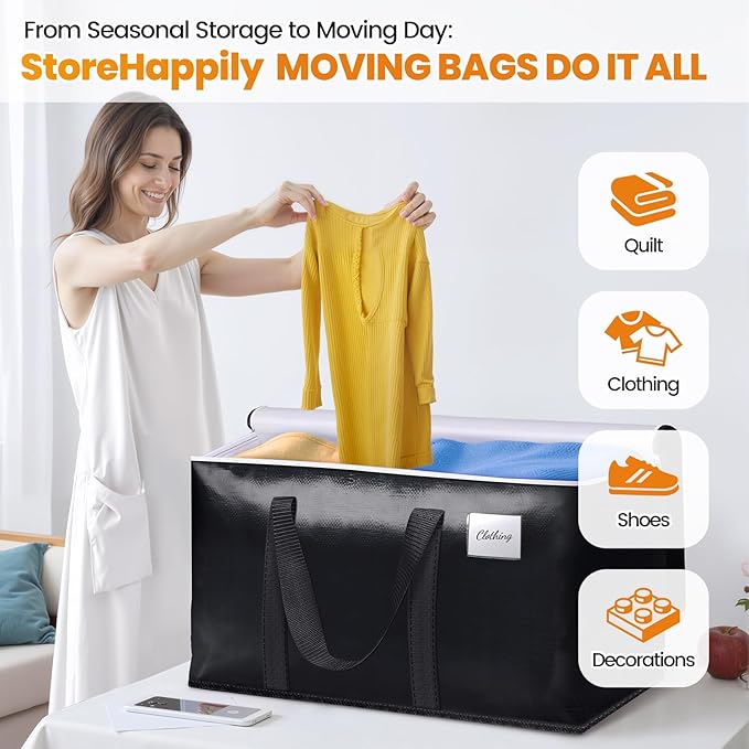 Heavy-Duty & Extra Capacity Moving Bags with Backpack Straps, Storage Totes with Double Zipper & Strong Handles, Packing Bags Alternative to Moving Boxes, Moving Supplies (8 Pack, Black)