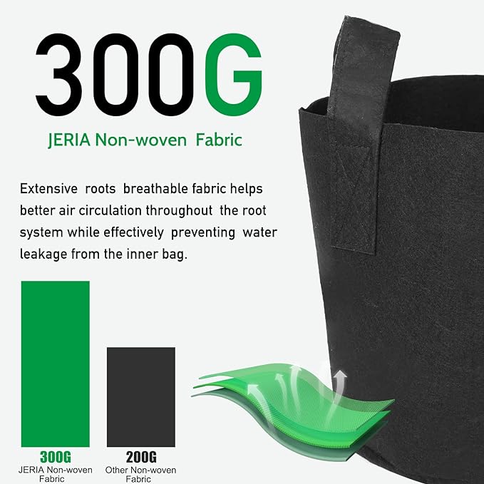 JERIA 12-Pack 10 Gallon Grow Bags, 300G Thickened Nonwoven Garden Pots,Heavy Duty Fabric Pots with Reinforced Handles