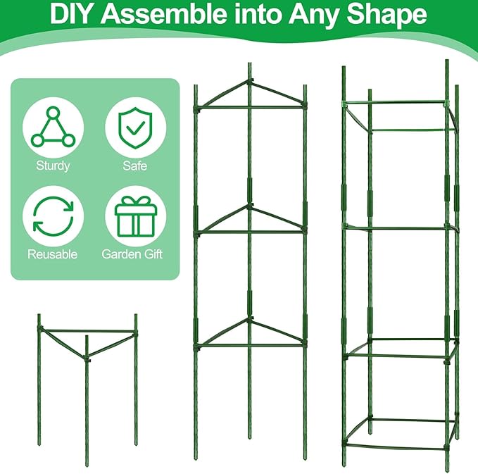 6 Pack Tomato Cages for Garden Plant Support Up to 48 Inches Assembled Vegetable Plant Cages Stakes Support Trellis with Clips and Twist Tie for Vertical Climbing Plants Flowers Fruit, Green