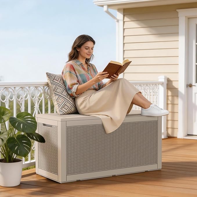 Mars Villa 100 Gallon Outdoor Storage Box, Large Resin Deck Box Waterproof, for Outside Patio Furniture Cushion, Pool Supply, with Hydraulic Hinge, UV-Resistant and Weatherproof, Rattan Greige