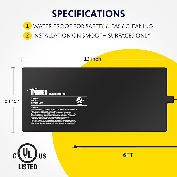 iPower Reptile Heating Pad, Under Tank Heater, Waterproof Terrarium Heat Mat 8X18 Inch, for Turtle, Lizard, Frog, Snake and Other Reptiles