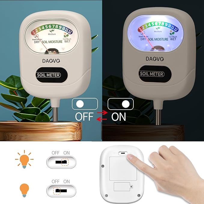 Soil Moisture Meter, Moisture Meter for Plants with Large Screen, Soil Hygrometer & Soil Test Kit with Light, Essential Garden Tools for Indoor Outdoor House Plants, Garden, Lawn Care-White