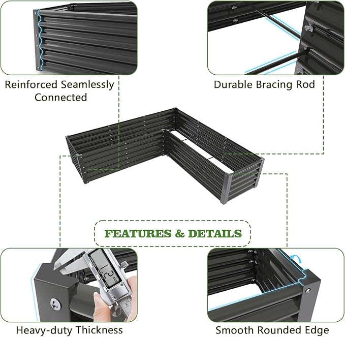 A ANLEOLIFE 12-Piece 18 Inch Tall Raised Garden Beds Kit, Rectangular & L-Shaped Combo Metal Planters – Ideal for Backyard DIY Creative Layouts, Quartz Grey