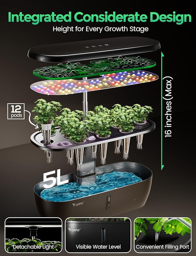 LETPOT Classic Hydroponics Growing System Kit, Indoor Herb Garden, 24W Full-Spectrum LED Grow Light, 12 Pods, Countertop, Plant Lovers Gifts, Kitchen, Harvest, Dual Modes, Up to 16", 5.5L Tank